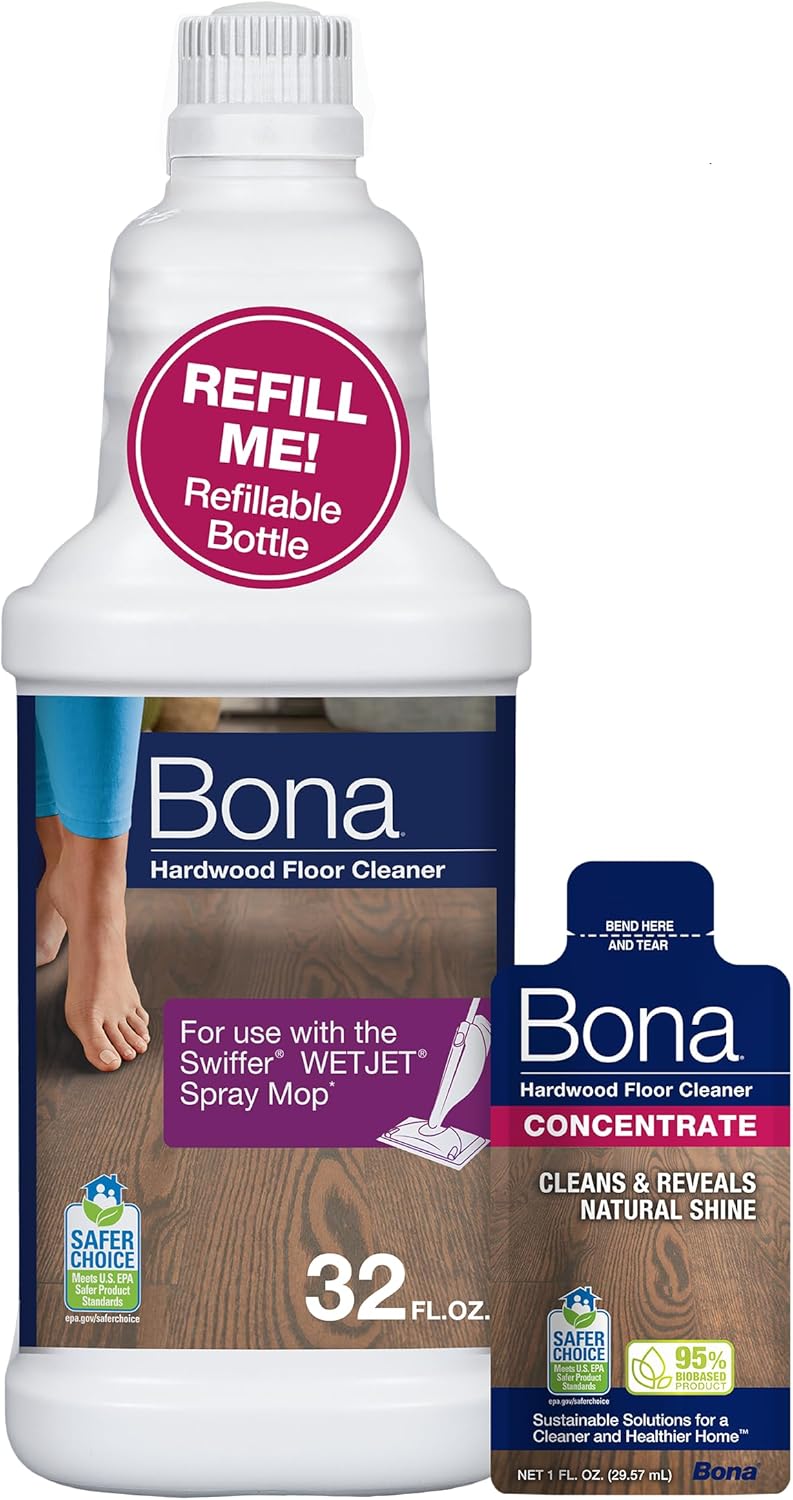 BONA Hardwood Floor Cleaner Bottle for use with Swiffer WETJET Spray Mop, makes 64 Fl Oz - Includes Filled Bottle + Concentrate Refill for Wood Floor Cleaning - Image 1